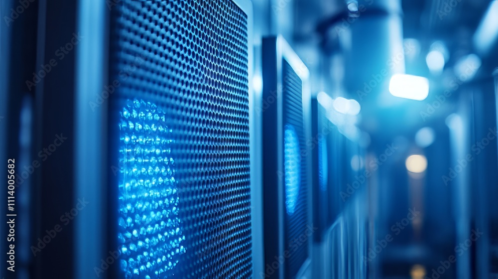 Poster a close-up view of data center equipment with illuminated panels and cooling systems.