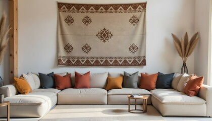 A large woven tapestry or rug with a geometric pattern in brown and white colors hangs on the wall above a beige sectional sofa with colorful throw pillows