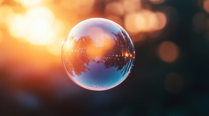 A large bubble floats in front of a blurry sunset background.