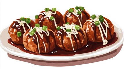 Delicious Takoyaki Balls Served on a White Plate with Toppings