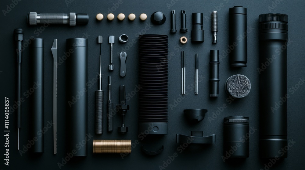Poster a collection of sleek, black tools and components arranged neatly on a dark surface.