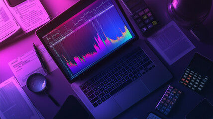 虫眼鏡で投資チャートを分析する現代的なワークスペース