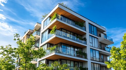 Obraz premium A modern apartment building with large glass windows and green terraces, surrounded by trees, set against a bright blue sky.