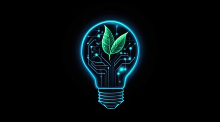 Vector illustration of a lightbulb with a digital circuit inside and a green leaf on the top, isolated on a black background