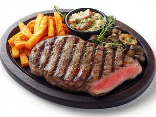 Savoring a Succulent Steak Dinner on a Dark Wood Platter on White Background