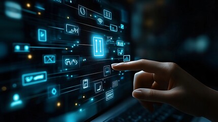 Futuristic hand touching a digital network interface, symbolizing AI, technology, and innovation in the era of intelligent computing.