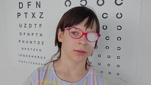 Child with eye patch and glasses in front of eye exam chart at medical clinic 