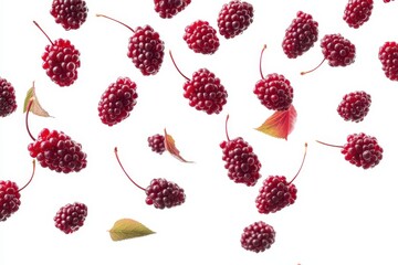 Isolated red mulberry airborne against a white backdrop