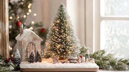 Festive Christmas decor featuring a miniature tree adorned with twinkling lights, nestled amidst a snowy backdrop, exuding warmth and holiday cheer. 