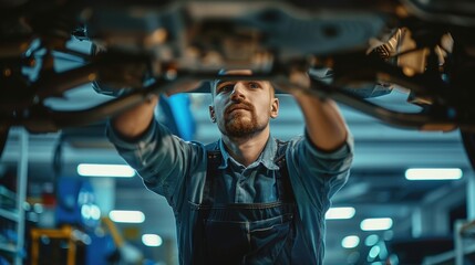 Handsome mechanic focused on a vehicle repair with a ratchet in a well-maintained, clean workshop
