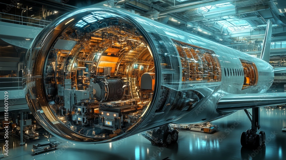 Poster a detailed view of an aircraft engine showcasing intricate components and engineering.