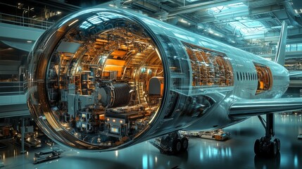 Fototapeta premium A detailed view of an aircraft engine showcasing intricate components and engineering.