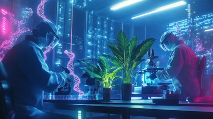 Scientists working in a high-tech laboratory with plants