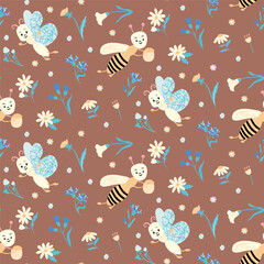 Seamless Pattern With Cute Bees, Butterflies, And Wildflowers On Brown Background