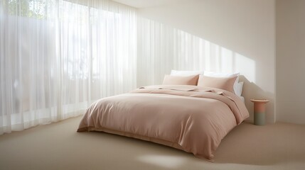 Fototapeta premium Cozy and Minimalist Bedroom Interior with Soft Neutral Tones and Abundant Natural Light Highlighting Modern Design Aesthetics for Relaxation and Comfort