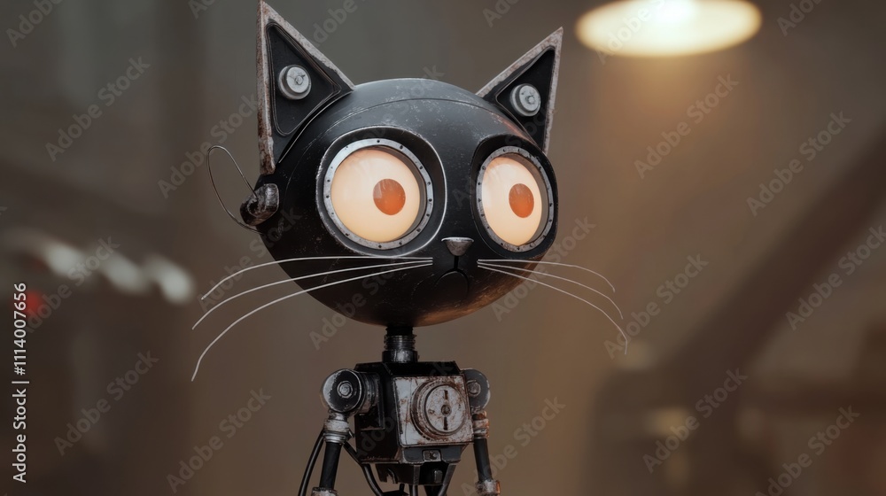 Poster intriguing mechanical cat robot with expressive eyes in dim workshop