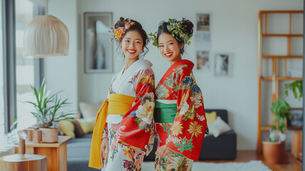 華やかな振袖を着た二人の女性