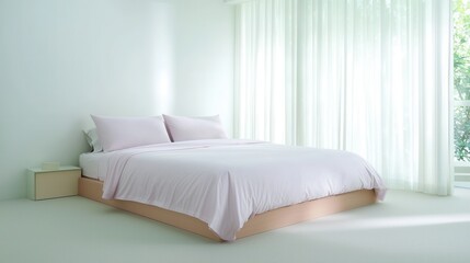 Fototapeta premium Serene Minimalist Bedroom with Soft Pink Bedding and Abundant Natural Light Highlighting Modern Interior Design Aesthetics