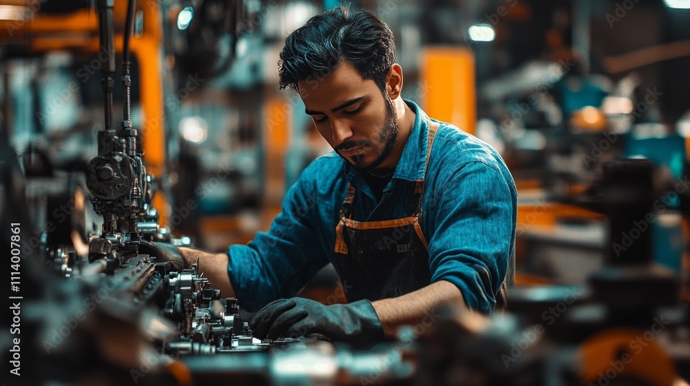 Aufkleber a focused worker in a workshop, engaged in mechanical tasks with tools and machinery.