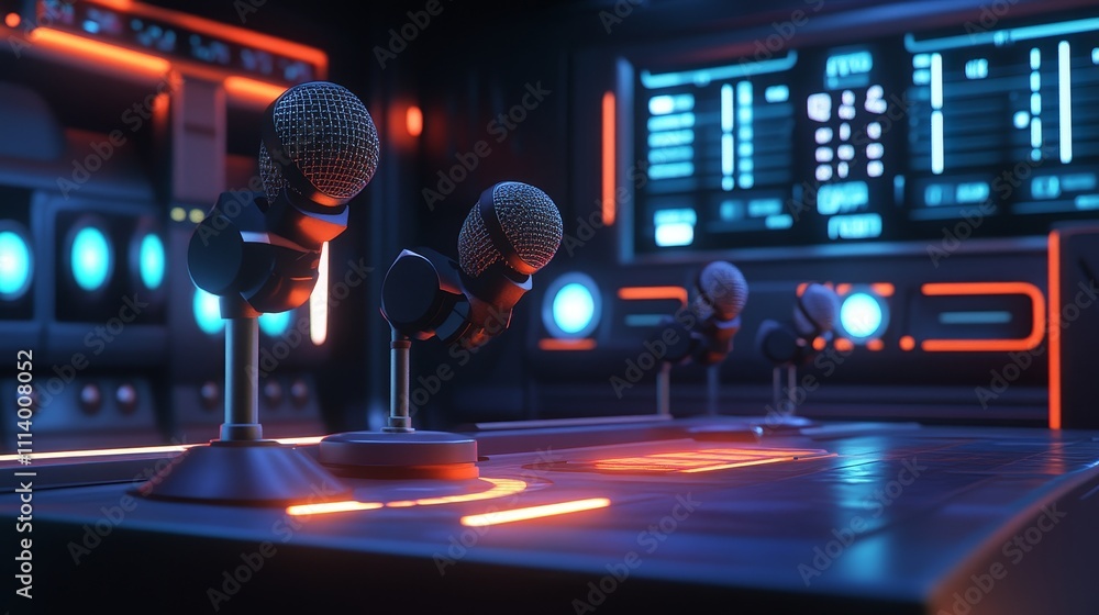 Poster a futuristic audio studio with microphone and a digital interface, designed for recording or broadca