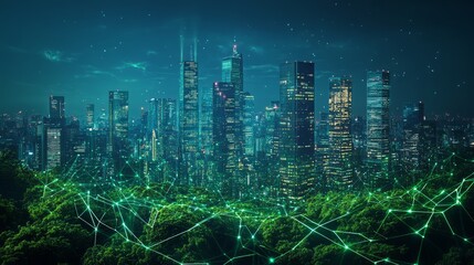 A futuristic city skyline integrated with nature and digital connections.