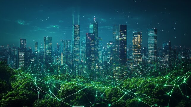A futuristic city skyline integrated with nature and digital connections. - Powered by Adobe
