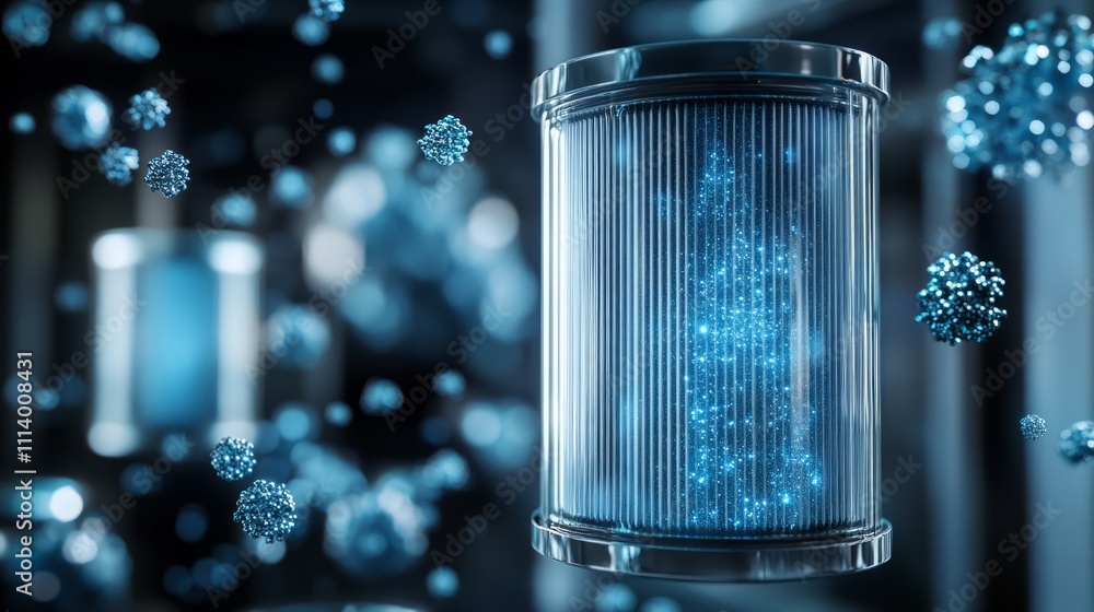 Poster a futuristic device surrounded by glowing particles, suggesting advanced technology or science.