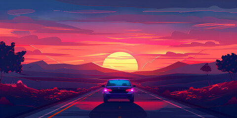 A car driving towards a vibrant sunset on a lonely highway with silhouetted landscape.