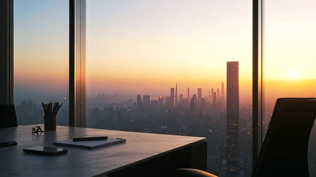 1_High End Workspace with City Skyline at Sunset