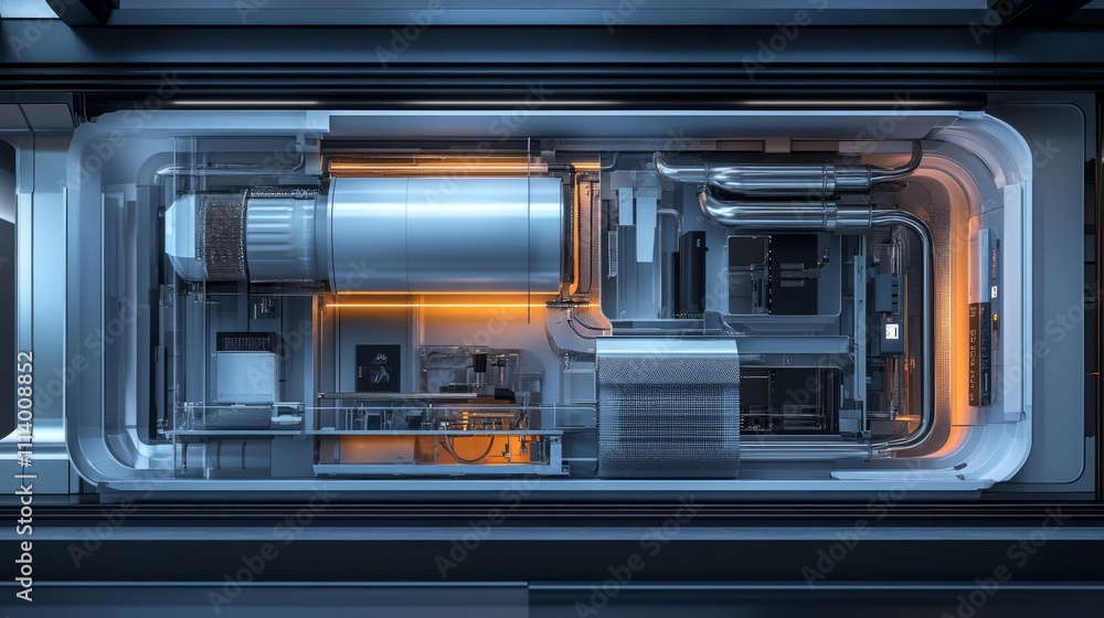 Poster a futuristic machine design showcasing advanced technology and intricate components.