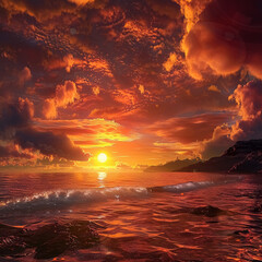 Sunrise over tranquil morning horizons