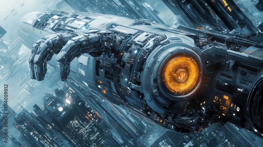 Poster a futuristic spacecraft with intricate mechanical details and an illuminated core, set in a sci-fi c
