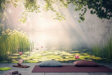 Tranquil lakeside setting with soft cushions for relaxation and meditation