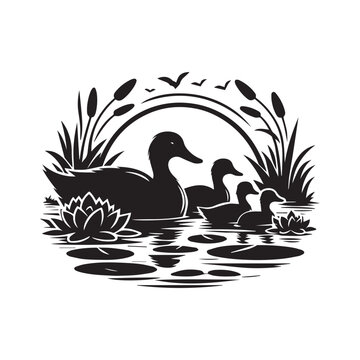 recommend clip art: A black silhouette of a family of ducks swimming in a pond with lily pads on a white background.