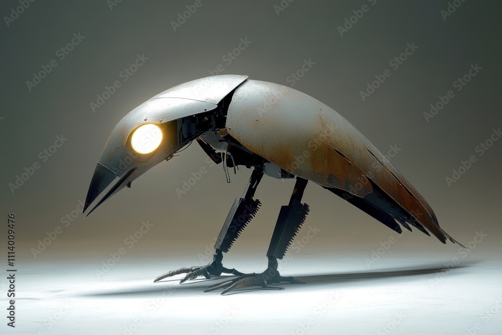 Poster futuristic robotic bird with illuminated eye in minimalist setting