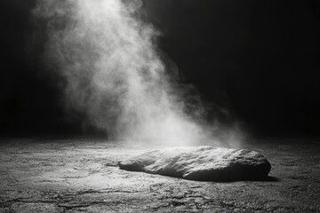 Naklejka premium Mystical Stone in Smoky Atmosphere Dramatic Black and White Product Display