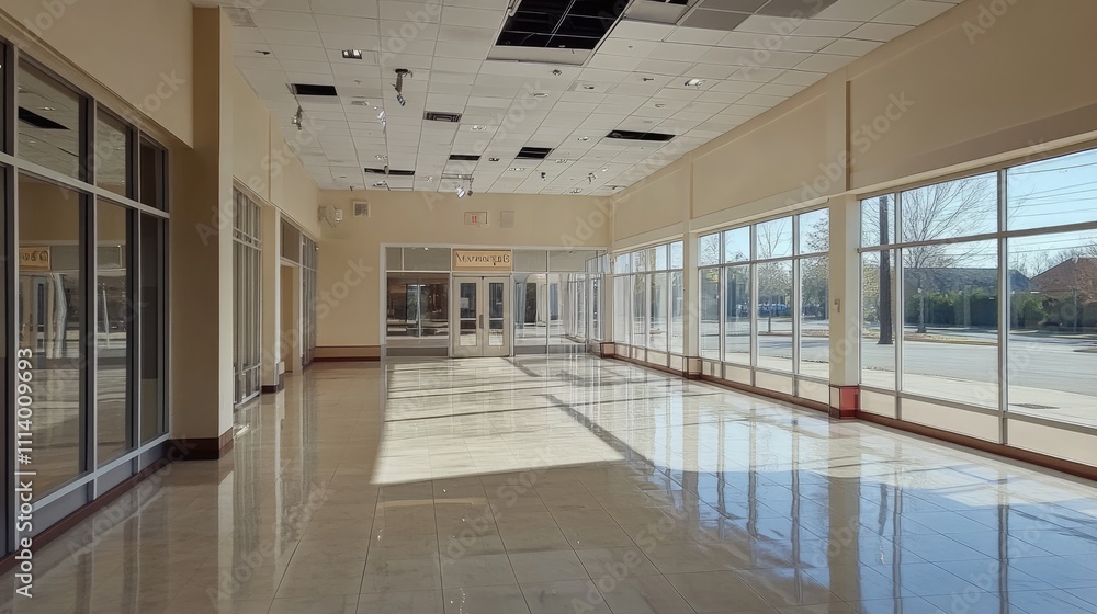 Poster empty retail space with large windows and polished floors.