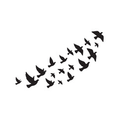 A vector illustration of a silhouette icon of a flock of pigeons flying upwards.