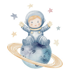 Watercolor illustration of a baby Astronaut sitting on a ringed Planet surrounded by stars. Drawing of cute Spaceman for nursery decor, children's designs, or baby shower invitations in pastel colors.