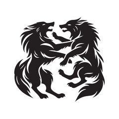 A vector silhouette of a fight between two wolves with a white background.