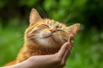 A contented orange tabby cat being gently petted by a human hand, showing a calm and affectionate connection with a blurred green background