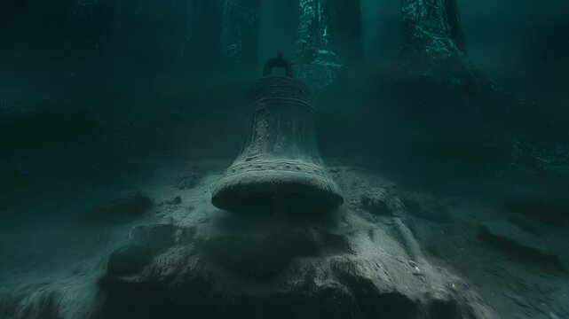 Ancient underwater ruins with a large submerged bell in mysterious depths