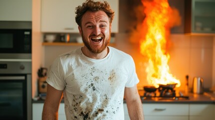 Kitchen fire incident home cooking mishap indoor environment action scene casual viewpoint