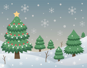 Christmas greeting card with the non-urban landscape and snowfall. Detailed vector picture. Christmas card, picture with decorated tree and snow.