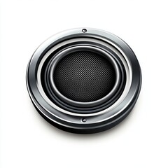 Circular metallic speaker, chrome, black, audio.