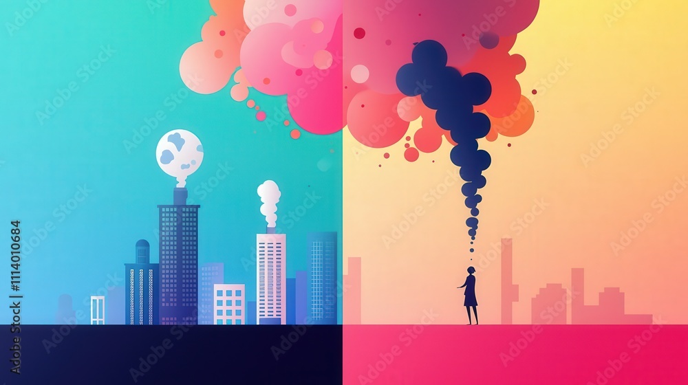 Poster a person enjoying clean air while another struggles with pollution