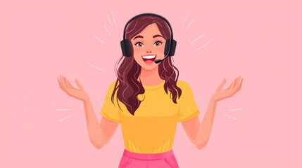 A cheerful call center agent wearing a headset smiles as she interacts with customers, showcasing excellent communication skills and a welcoming attitude in a vibrant, colorful setting