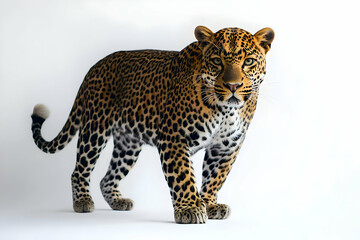 Fototapeta premium A single leopard, its vivid coat and intricate markings standing out against a pure white background, showcasing its majestic beauty, ideal for nature conservation and wildlife-focused content.