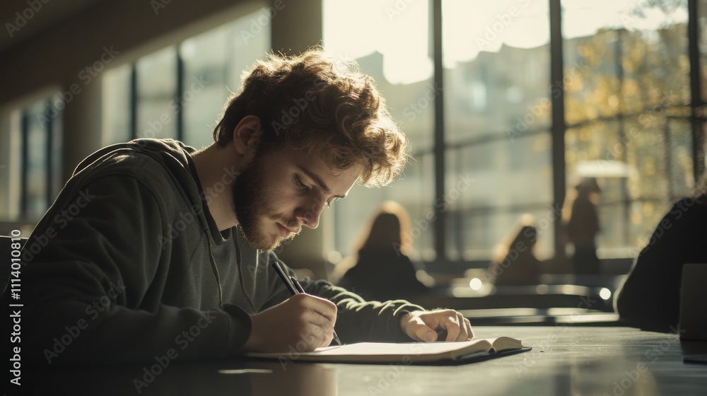 Poster focused student writing in a notebook in a lecture hall, natural light streaming through the windows
