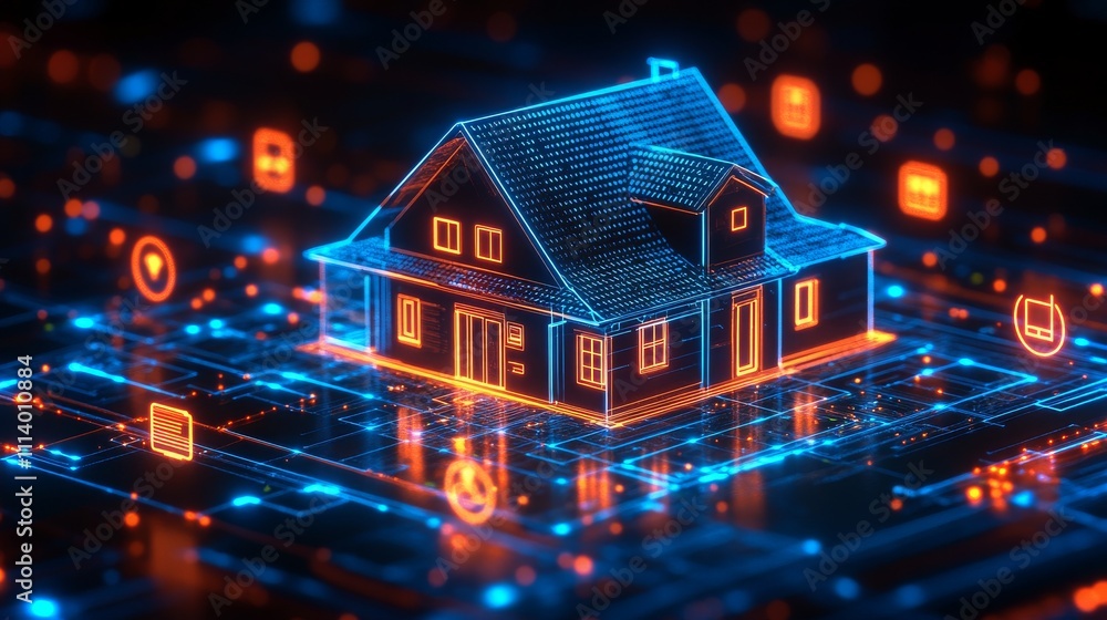 Poster holographic smart home interface displaying various features and functionalities